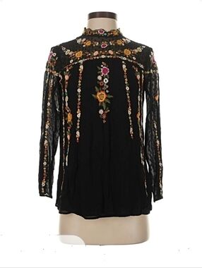 Zara Black Embroidered Floral Sheer High Neck Blouse Long Sleeve M